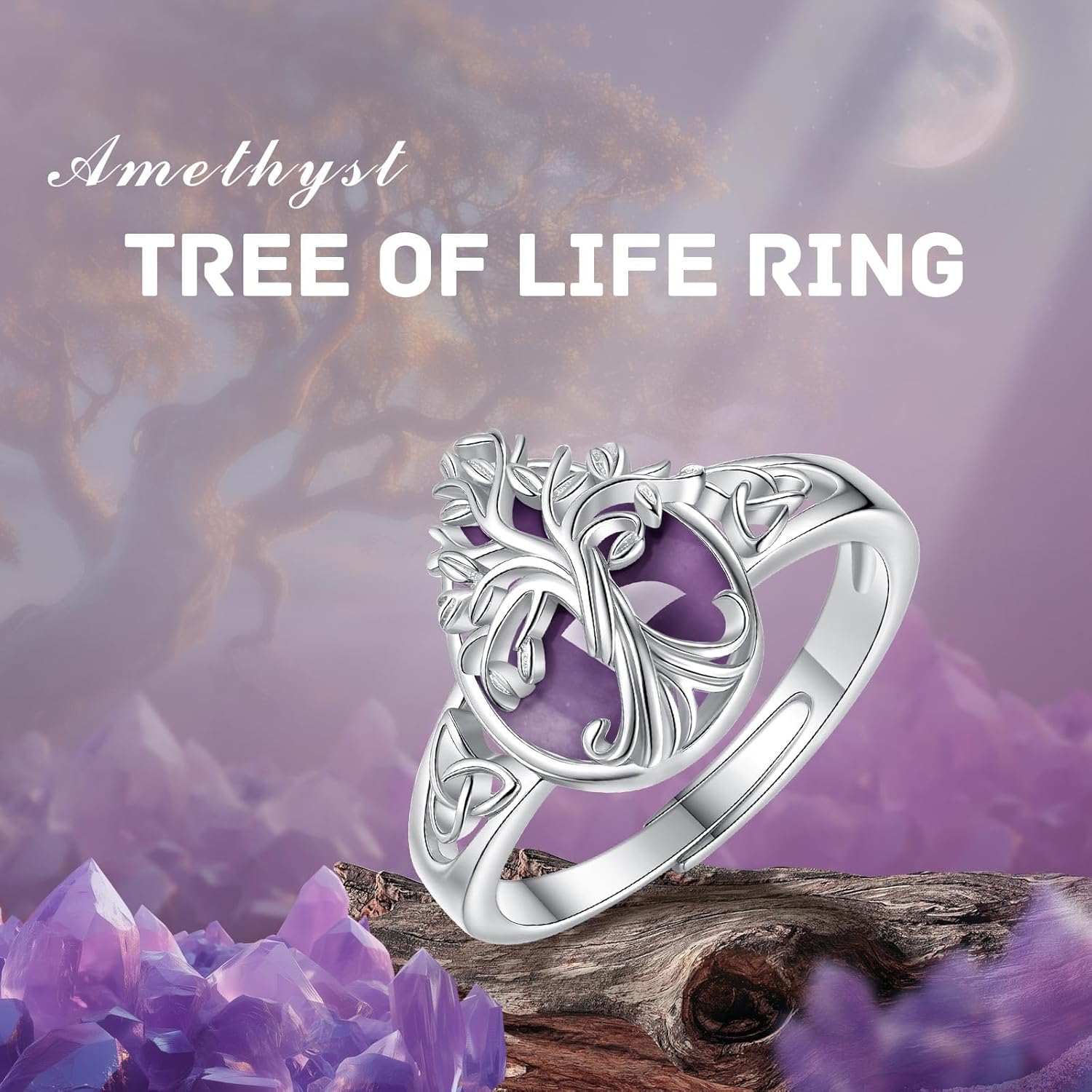 Vito 925 Sterling Silver Tree of Life Ring for Women Men, Adjustable Teardrop Moonstone Amethyst Obsidian Crystal Tree Open Band Rings Protection Amulet Jewelry Gift