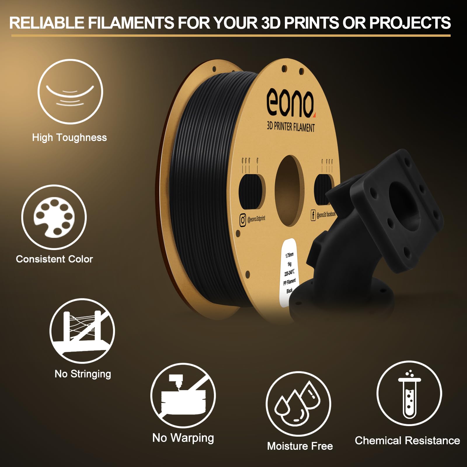 Eono Filament PP 1,75 mm Filament do drukarki 3D, półelastyczny ultra wytrzymały filament polipropylenowy, czarny, 1 kg