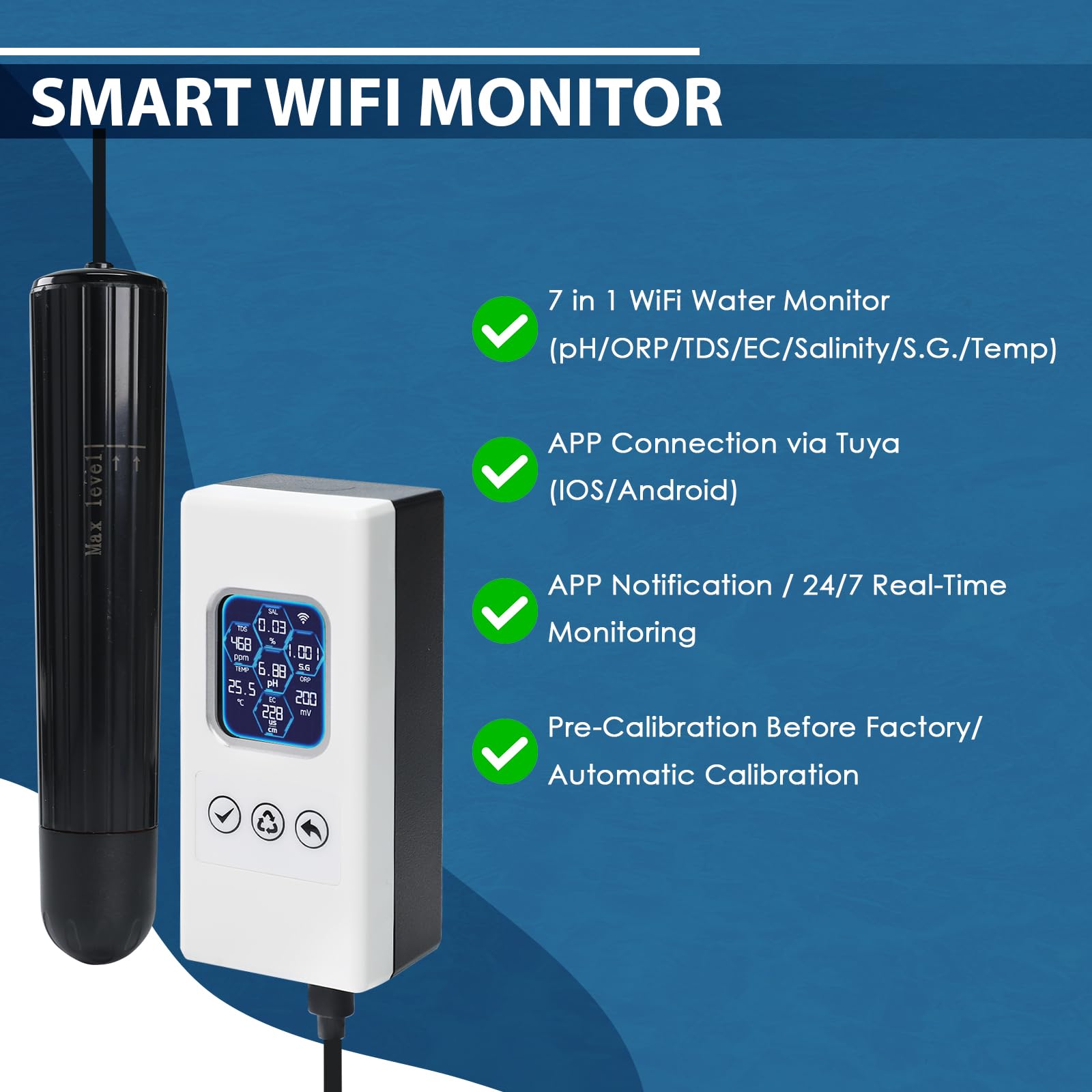 7-in-1 Smart Wasserqualitäts-Tester, Wireless WiFi Wasser-Monitor pH/ORP/TDS/EC/Salinität/SG/Temperatur, Wasserqualitäts-Messgerät mit App-Anbindung & Echtzeit-Alarmen für Aquarium Salzwasser-Aquarium