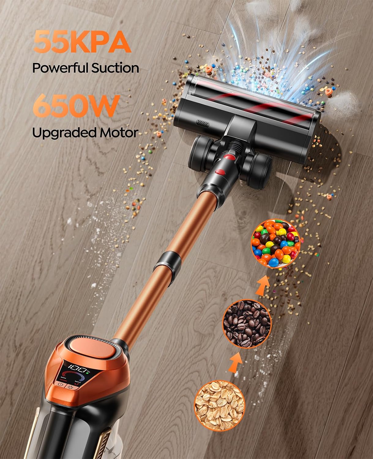 Fieety Cordless Vacuum Cleaner 650W 55KPA 70Mins Powerful Vacuum Cleaners for Home, 1.6L Dust Cup, LED Display, Anti-Tangle Self-Standing Stick Vacuum for Carpet/Hardwood Floor/Pet Hair/Car - 2