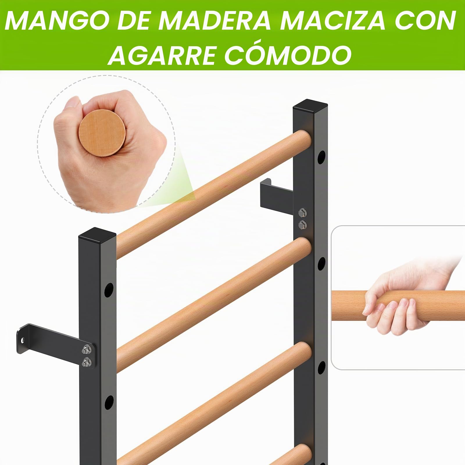 Barra de madera, escalera sueca con barra de dominadas, entrenador de suspensión montado en la pared para el hogar, gimnasio, escuela y clínica