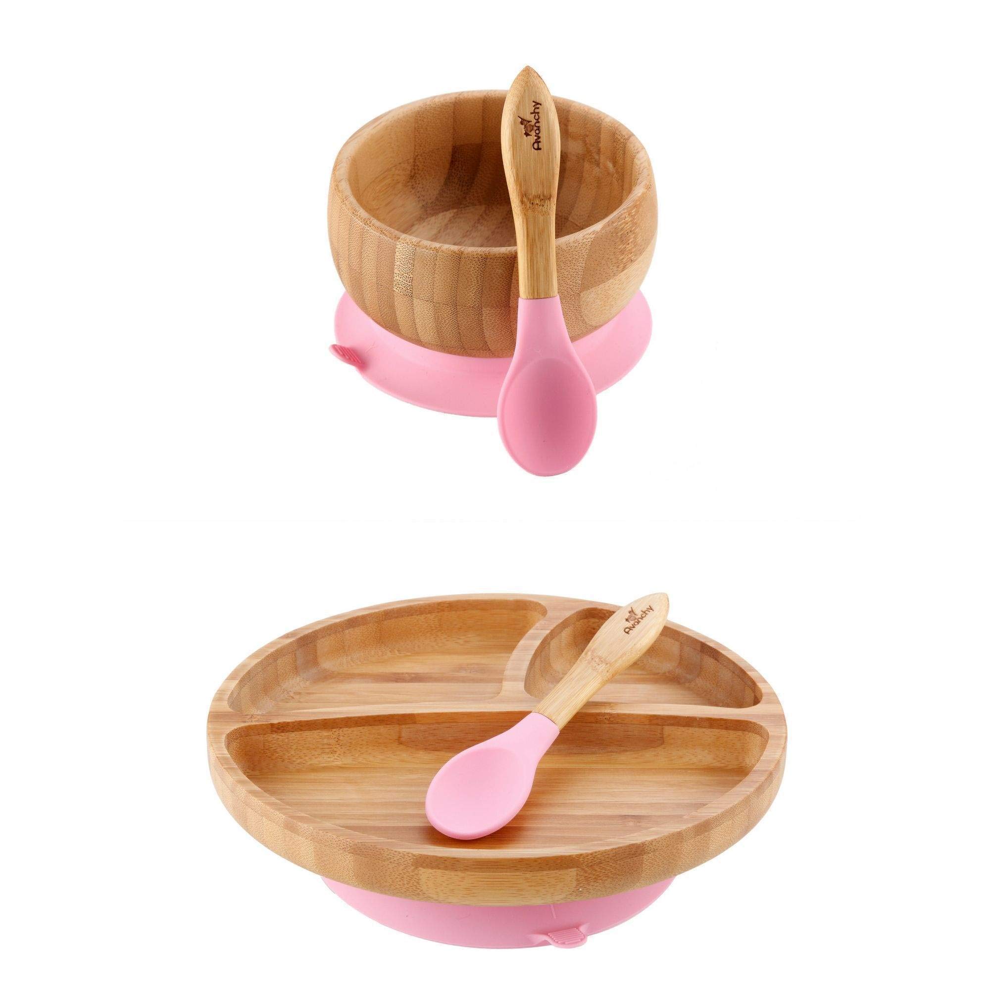 Avanchy Bamboo Suction Toddler Divider Plate, Bamboo Bowl & Spoon - 9 Months and Older - Silicon Suc