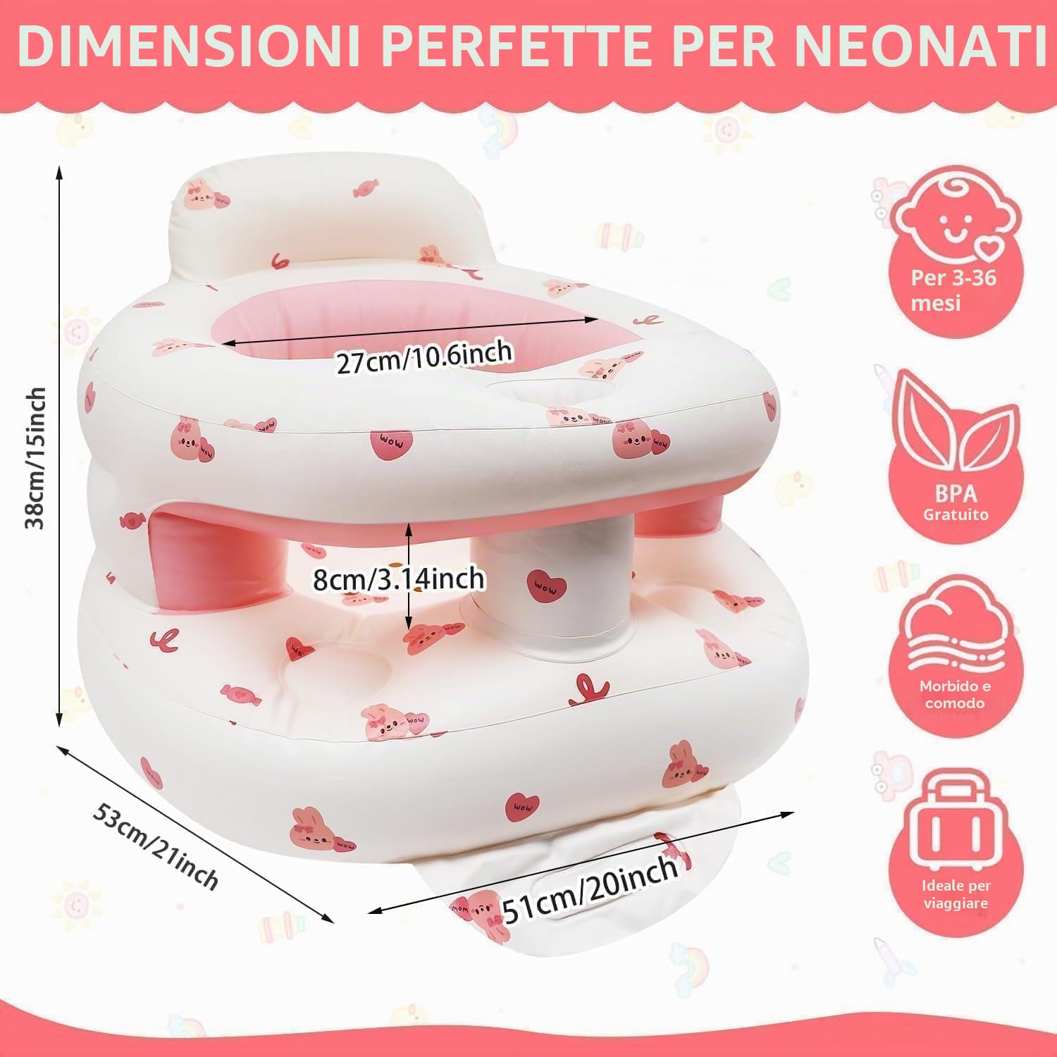 Seggiolino Gonfiabile Neonato di 3-36 Mesi di, Sedia Gonfiabile per Bebè a Pieghevole con Pompa Integrata, Supporto per Seduta per Bimbi Piccoli (Coniglio)