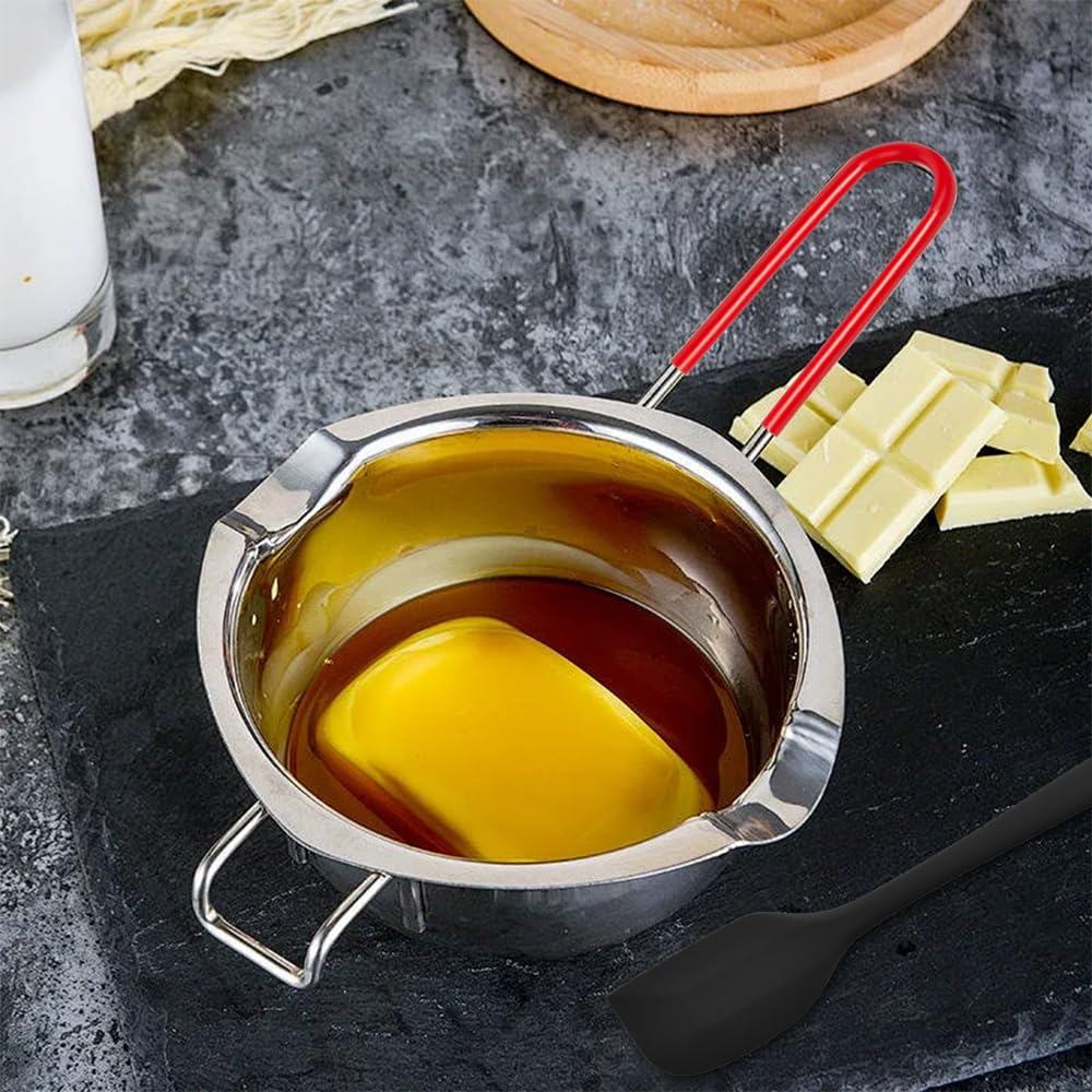 2 Pezzi Bagnomaria in Acciaio Inox con 1 Raschietto Silicone, 2 Contenitore con Coperchio Cioccolato Ciotola di Fusione per Cioccolato, Zucchero, Burro, Formaggio, Caramello(480ml+600ml)