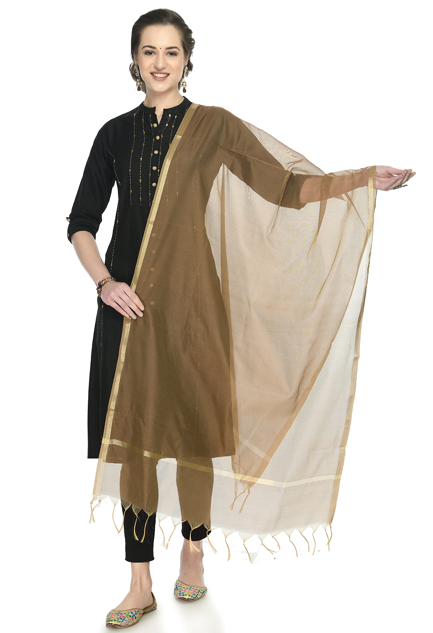 a r silk Women's Golden Border Rust Colour Chanderi Cotton Regular Dupattas/Chunnis-picture-13
