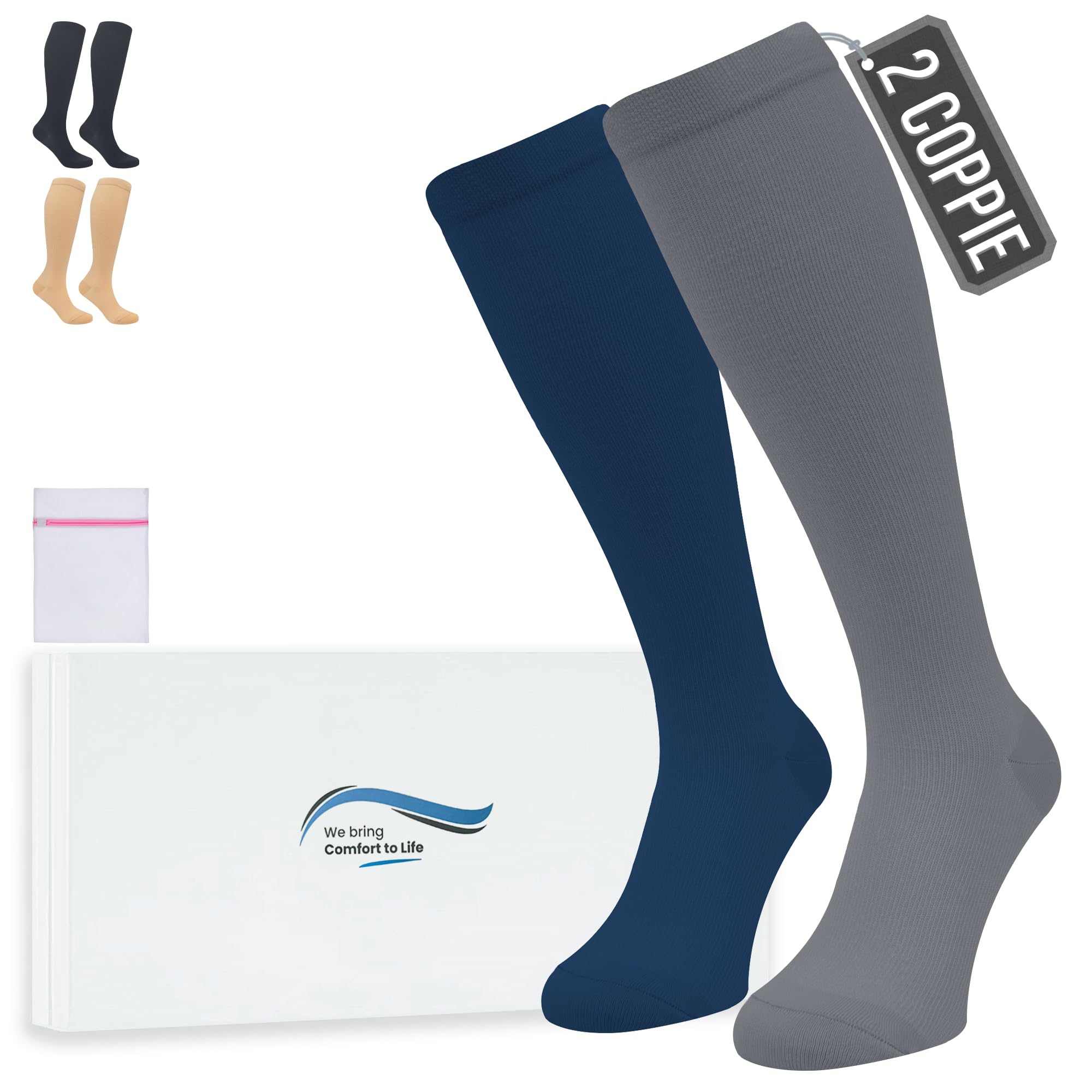 360 Relief Calze Compressione Graduata Donna e Uomo - 2 Coppie Solido Colore Gambaletti Compressione Graduata per Sports, Running, Viaggio, Ciclismo, Lavoro - S/M Blu&Grigio con Borsa Lavanderia