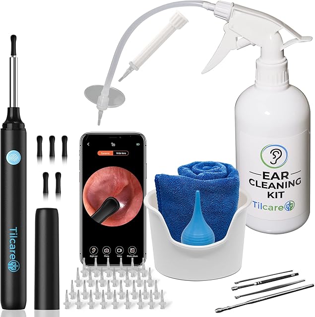 Ear Wax Removal Tool with Ear Camera by Tilcare - Ear Irrigation Flushing System for Adults & Kids - Perfect Ear Cleaning Kit - Includes Basin, Syringe, Curette Kit, Towel and 30 Disposable Tips