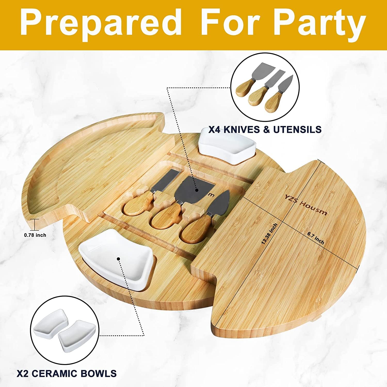 Louis Donné Käsebrett Rund aus Holz, Serviertablett mit Käsemessern, Charcuterie Board, Käseplatte als Einweihungsgeschenk & Hochzeitsgeschenk