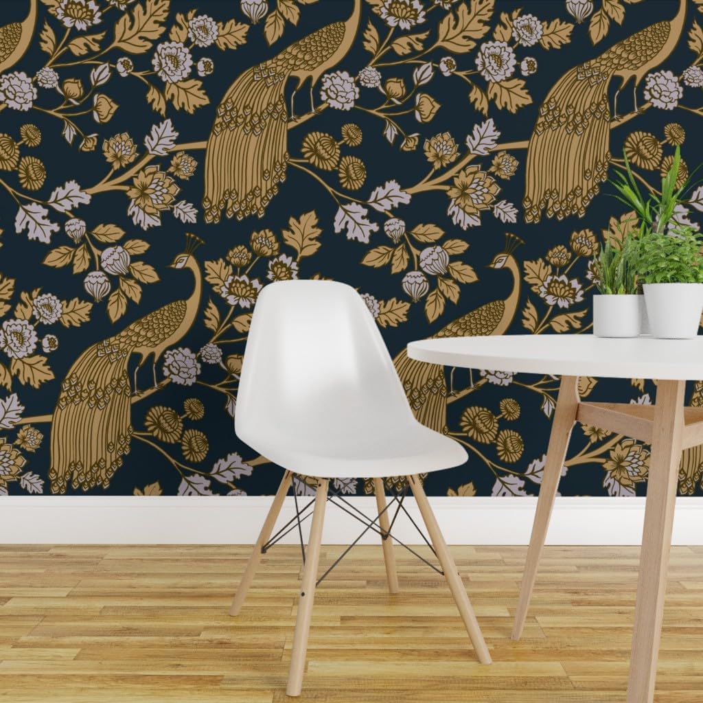 Removable Wallpaper 3ft x 2ft - Peacock Garden Rococo Baroque Chinoiserie Ornamental Decorative Midnight Gold Ornate Asian Black Custom Pre-Pasted Wallpaper by Spoonflower