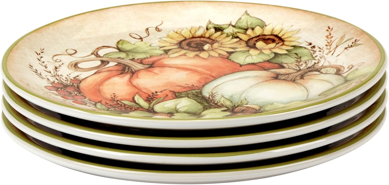Autumn Breeze Set of 4 Earthenware Salad Plates – Perfect for salads, appetizers, or desserts, these plates feature vibrant autumn blooms and pumpkins for a warm harvest feel 9"