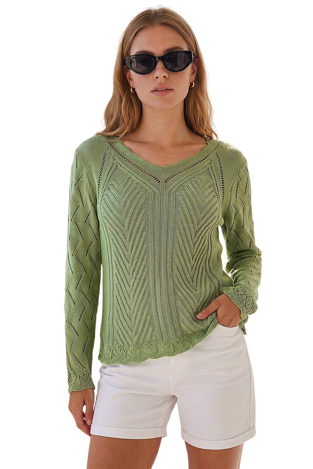 Roman Originals Scallop V-Neck Knit Jumper for Women UK - Ladies Everyday Holiday Spring Summer V-Neckline Comfy Soft Evening Vacation Work Party - Khaki - Size 20