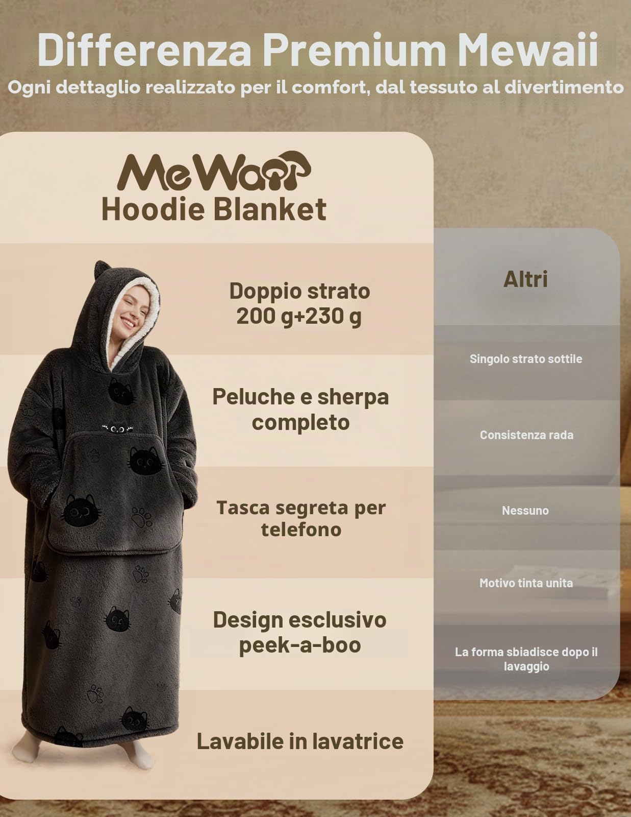 Mewaii Coperta Indossabile con Cappuccio Motivo Gatto Nero, Felpa Oversize in Flanella e Pile Sherpa Morbida, Plaid Caldo con Orecchie e Tasca Gigante, Idea Regalo Invernale per Donna e Ragazza
