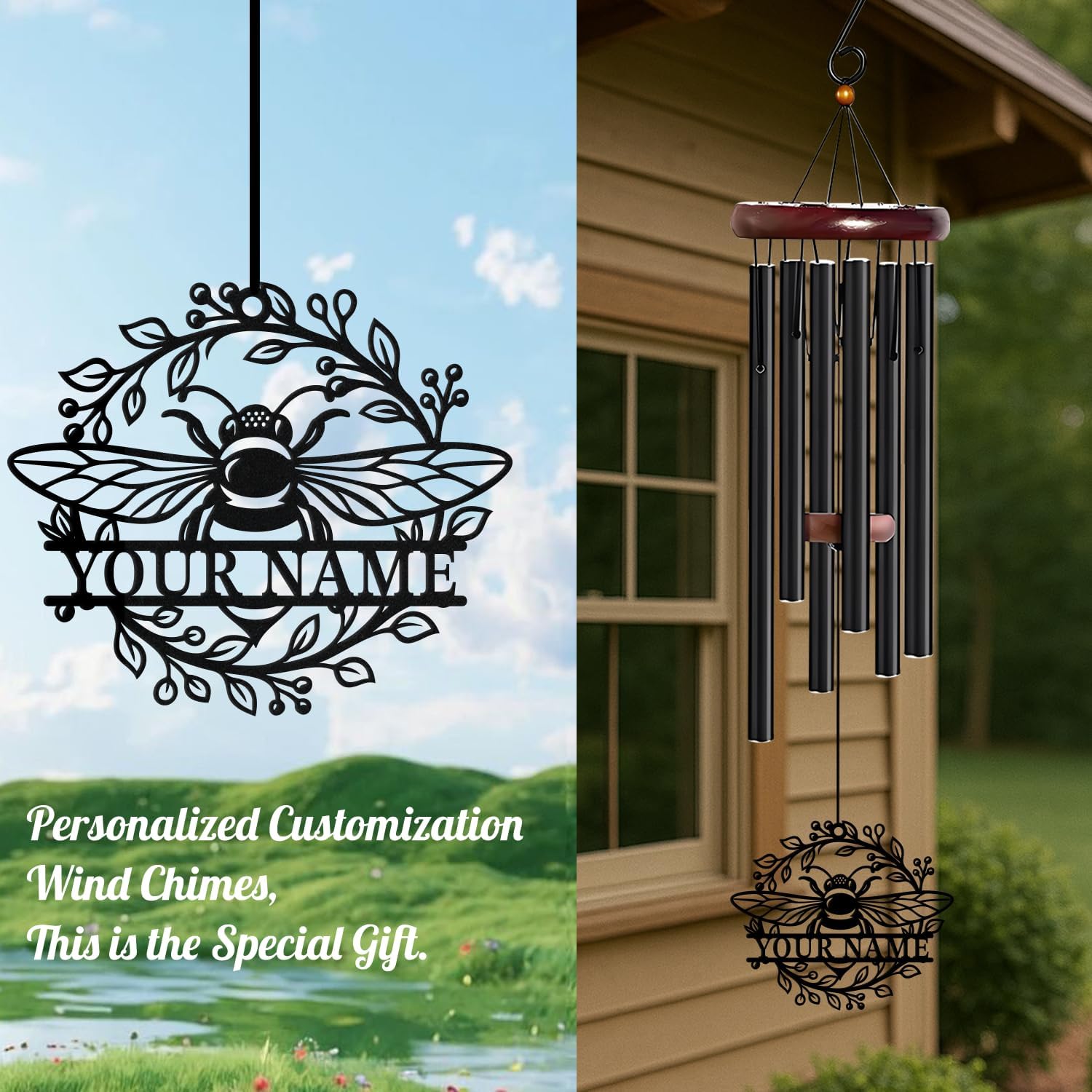 Personalized Customize Name Honey Bee Wind Chime, Metal Iron 37 Inch Outdoor Memorial Gift for Garden Yard Patio Home Decor, Black (Style E)