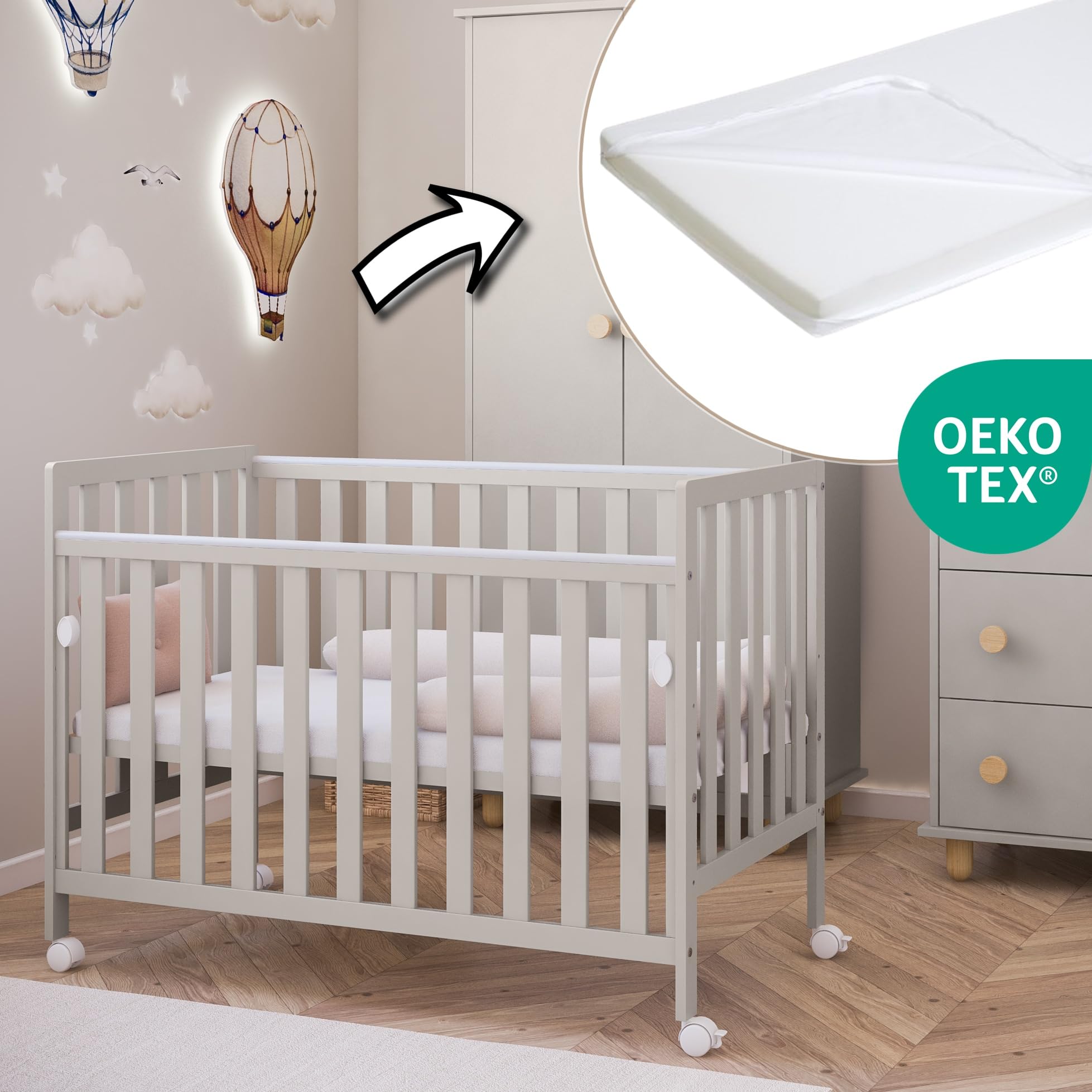 zee BAMBI Lettino Neonato 120x60 cm Cashmere con Materasso e Ruote Lettino Bambino con Lato Abbassabile Rete Regolabile 3 Livelli Letto per Bambini
