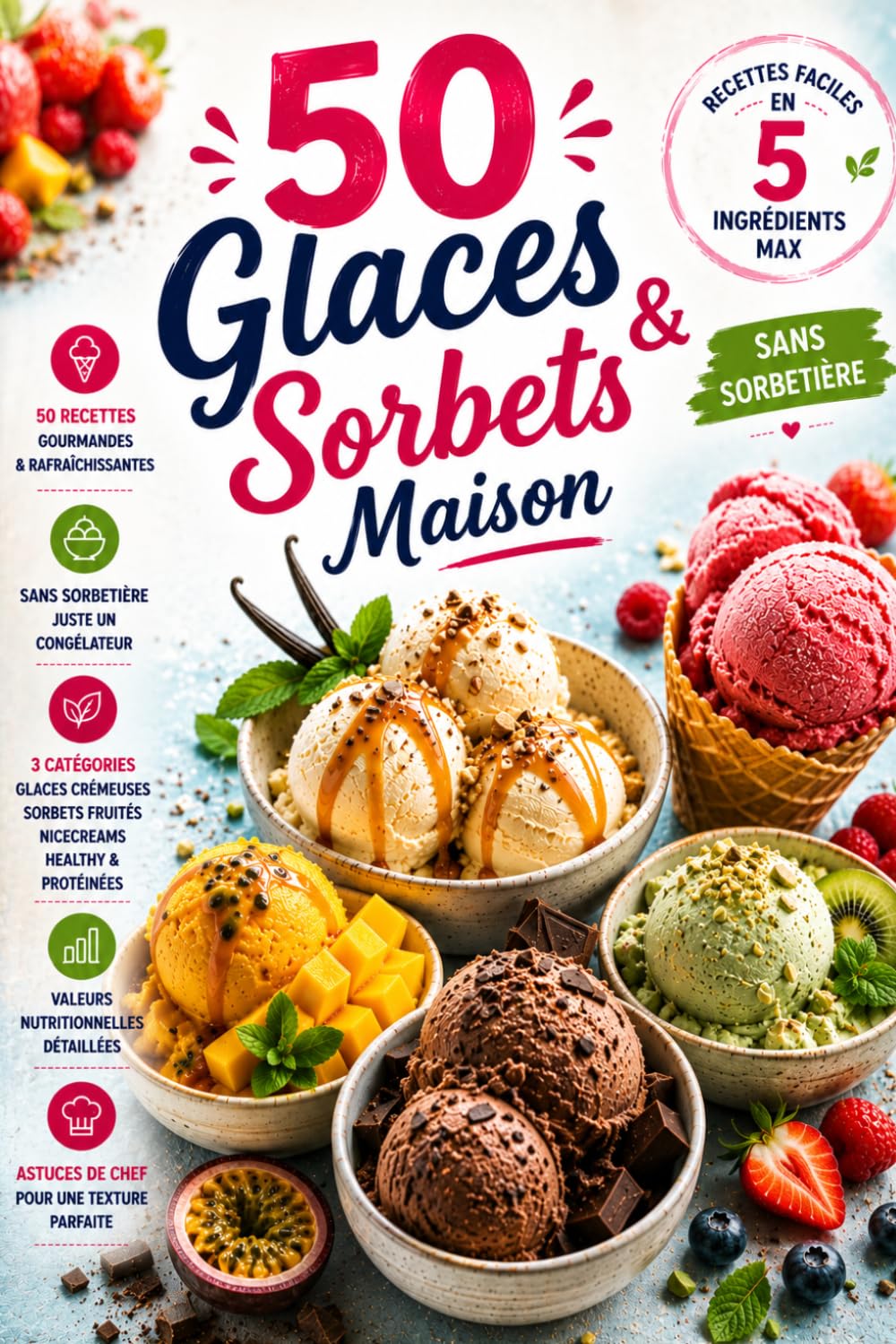 50 Glaces & Sorbets Maison: 50 recettes faciles avec seulement 5 ingrédients • Sans sorbetière • Glaces crémeuses • Sorbets fruités