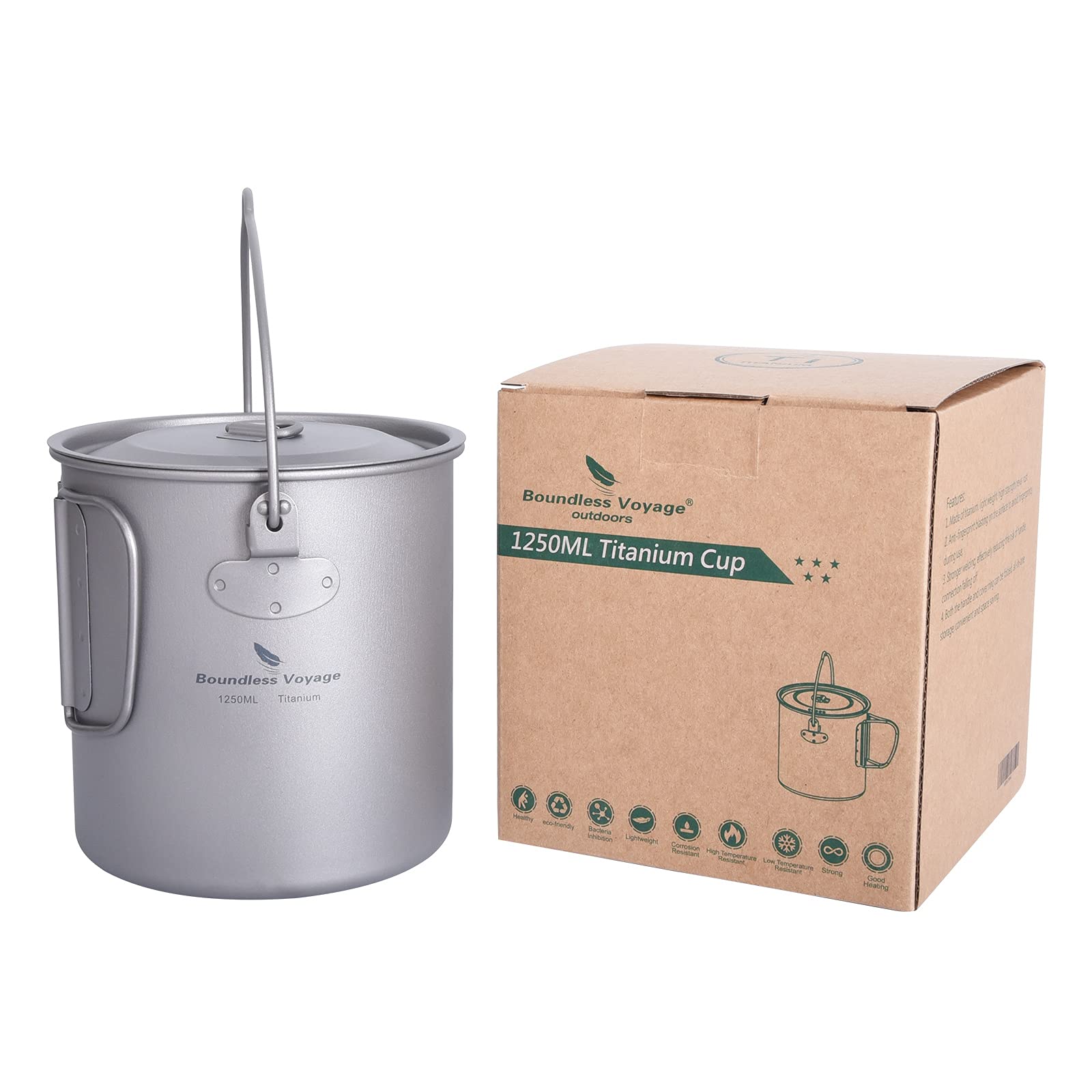 iBasingo titanium beker, mok titanium, hangende pot met deksel en opvouwbaar handvat, outdoor ultralichte kampeerpot met theekop voor picknick, drinkgerei en kookgerei 750ml Ti3038D