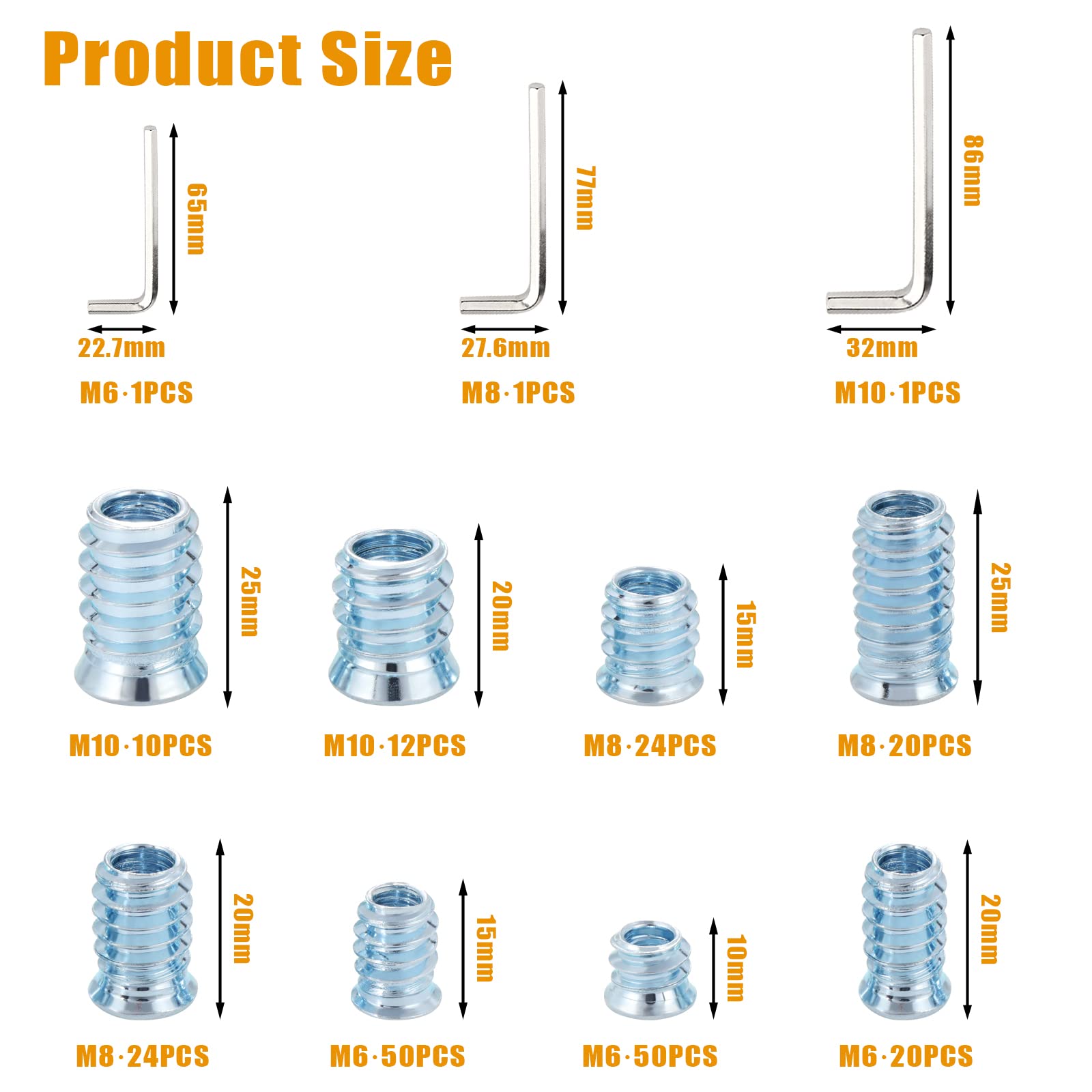 Gueenky 210 Pièces Insert Fileté Bois, M6 M8 M10 Manchon à Visser Insert Bois Acier au Carbone Galvanisé, 8 Tailles Insert Fileté Nuts pour Meubles en Bois, avec Clé