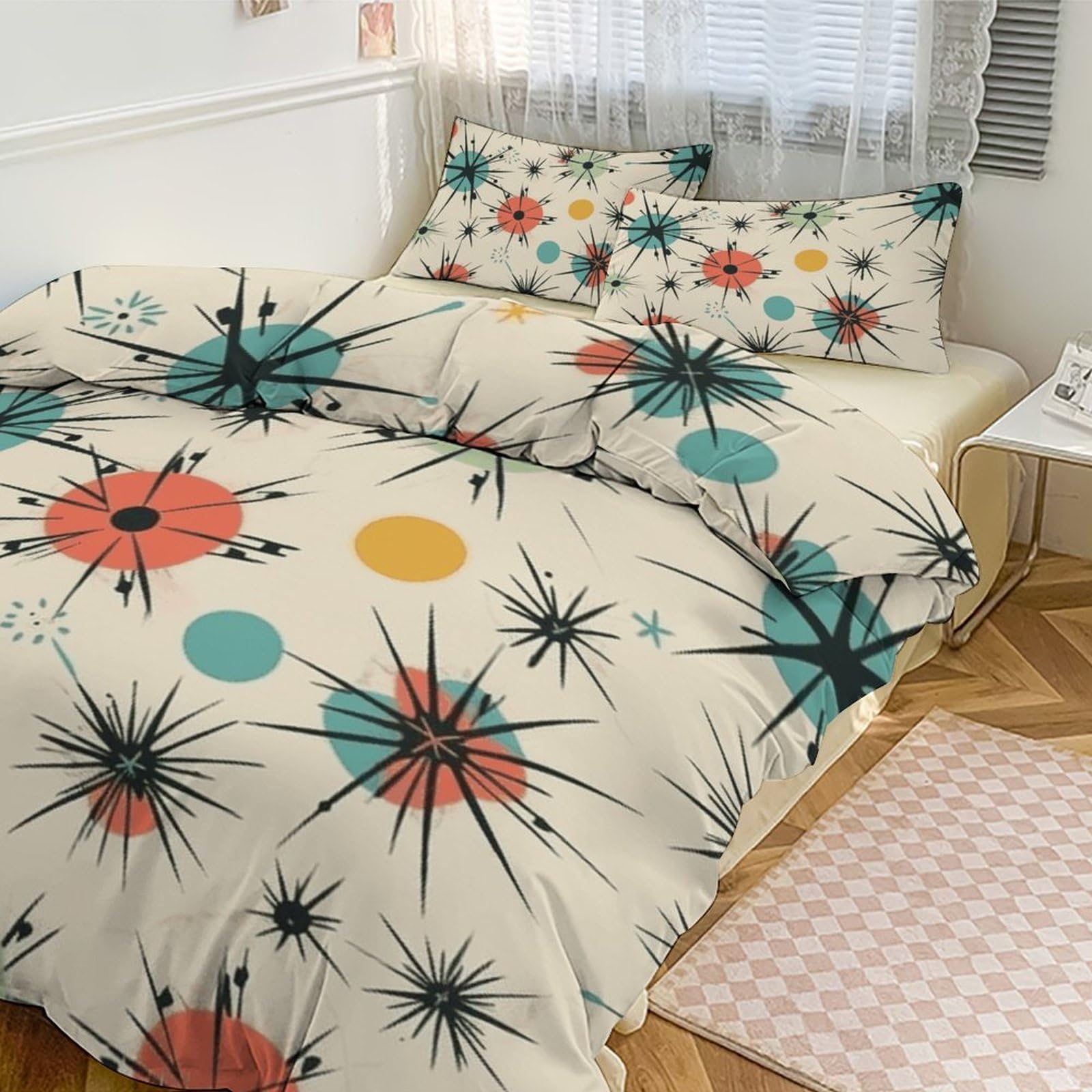 Parure de lit couvre-lit épais thermique motif étoiles atomiques rétro 3 pièces grand lit