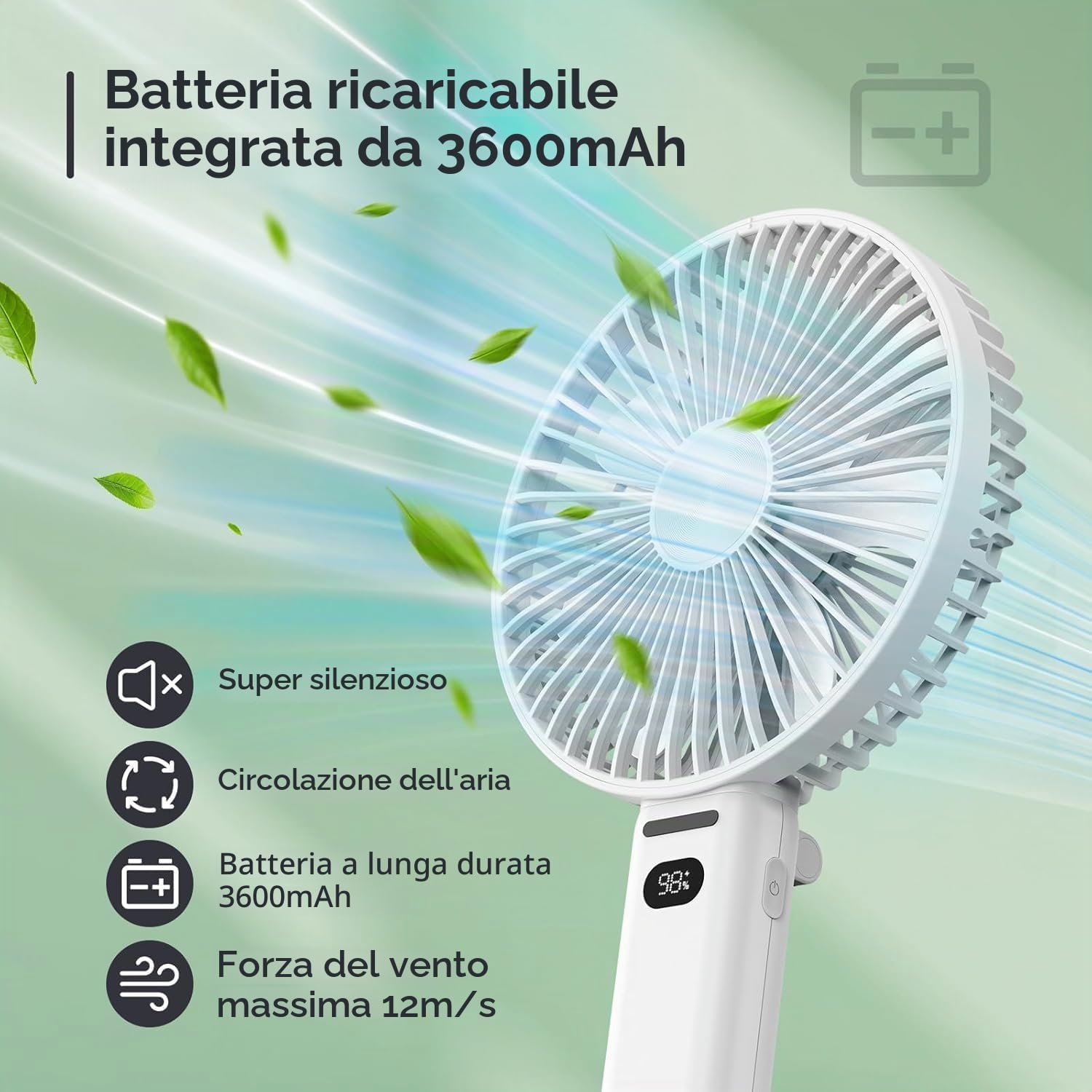 Bellababy Mini Ventilatore Portatile, Batteria Grande Capacità 3600 mAh, 4 Velocità, Ultra Silenzioso con Luce LED, Leggero e Facile da Trasportare (Mini)
