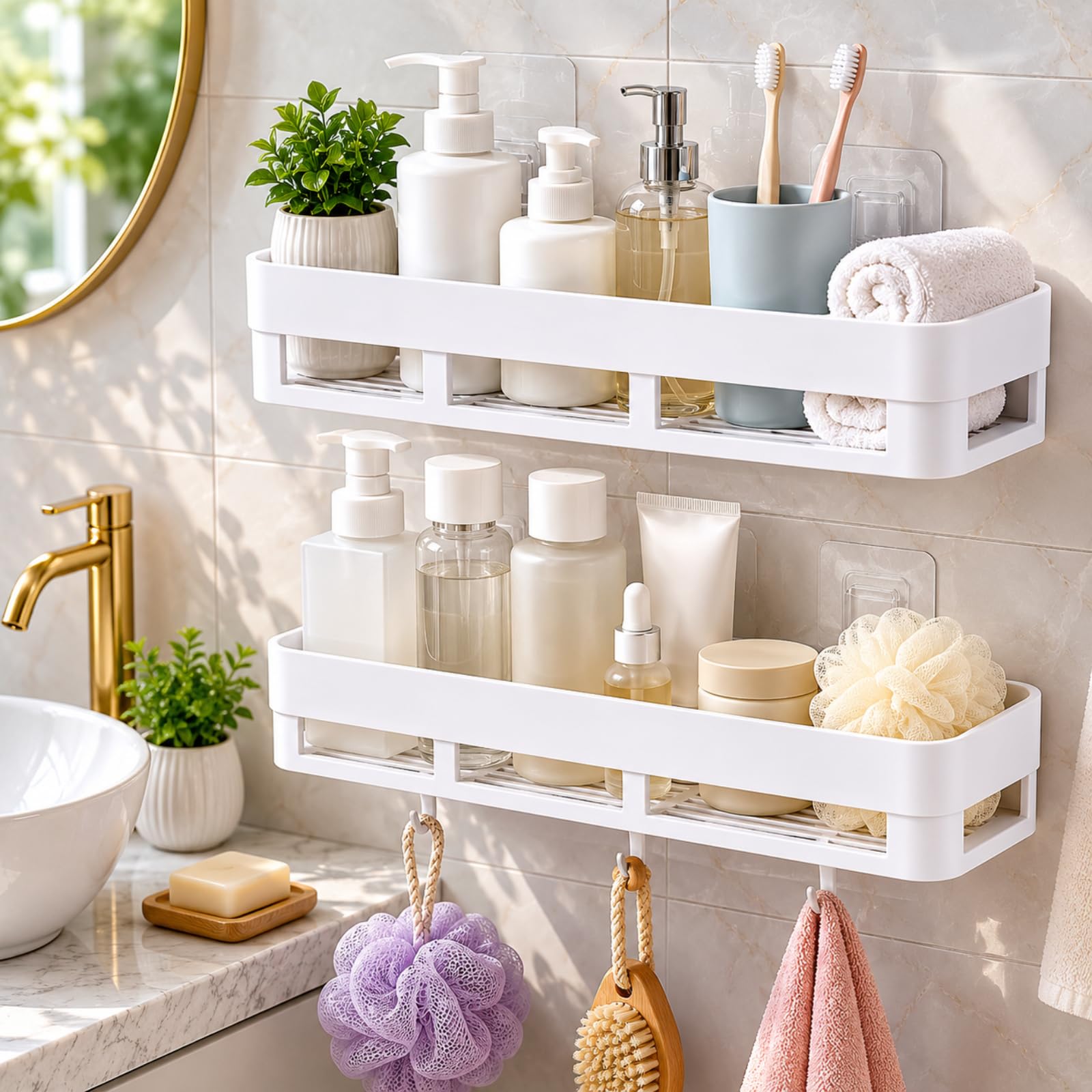 Bathroom Shower Caddy Organizer, Wall Mounted Plastic Storage Shelf with Hooks, Drill-Free Adhesive Installation for Shampoo, Soap, and Toiletries in Kitchen & Washroom, White Washroom Organizer-image-39
