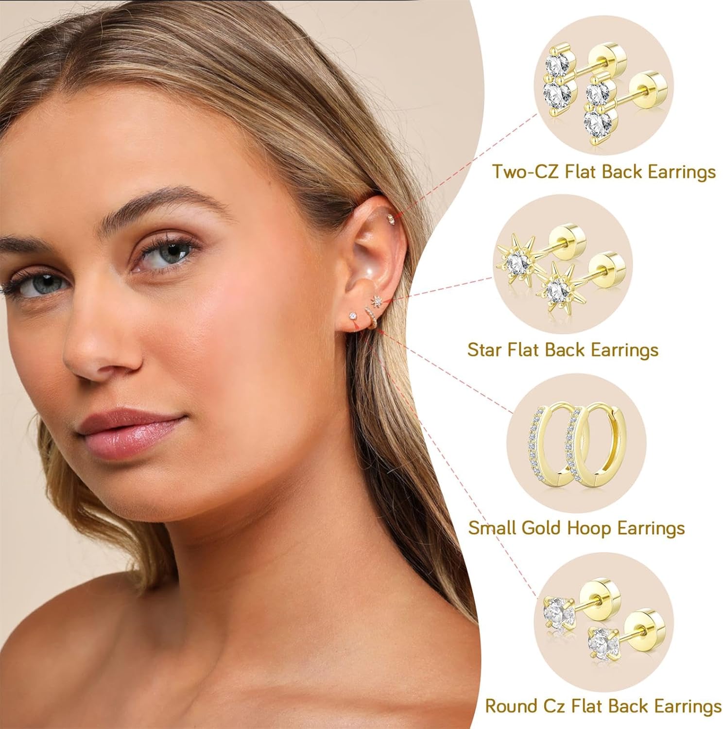 Hypoallergenic Flat Back Earrings for Women: 14K Gold Plated Surgical Stainless Steel Screw Flatback Stud Earrings Sterling Silver Small Huggie Hoop Earrings for Cartilage Earring Sets for Multiple Piercing - Image 2