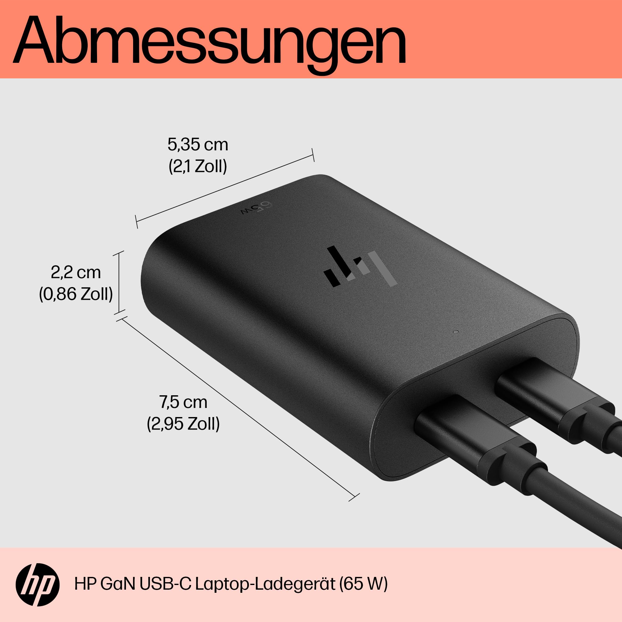 HP 65W GaN USB‑C Laptop Ladegerät – Kompakt, Schnellladefunktion, 2 USB‑C Ports, universelle Kompatibilität, 30 % recycelter Kunststoff, 75×53×22 mm, 85 g, Schwarz