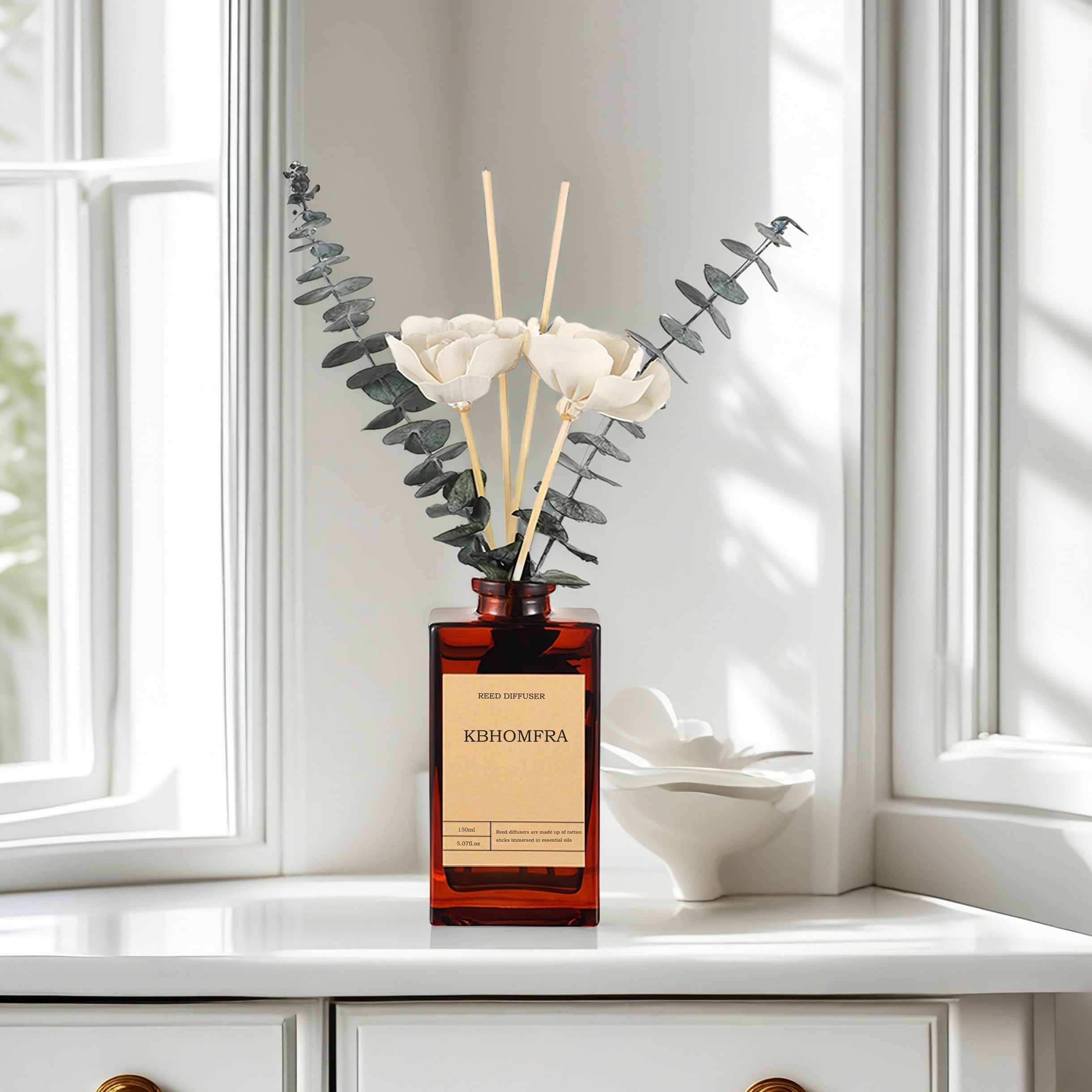 KBHOMFRA Reed Diffuser Set with Flower, 5.07oz Gardenia Jasmine Tea Diffuser Stick Scent of Fragrance Essential Oil,for Bathroom Diffuser Home Bedroom Office Décor