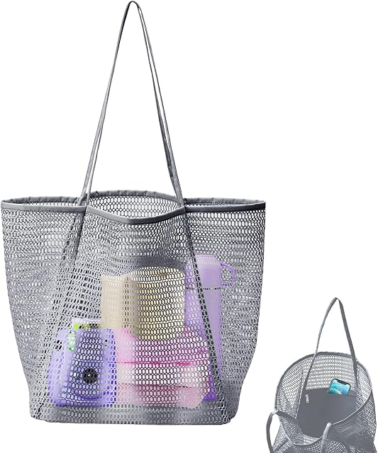 SBUENAM Mesh Tote Bag,Large Beach Bags for Women,with Zip Pocket Shoulder Bag Summer Beach Bags Handbag Reusable Shopping Bag,for Family Holiday Travel Picnic Swimming Pool Grocery Organizer