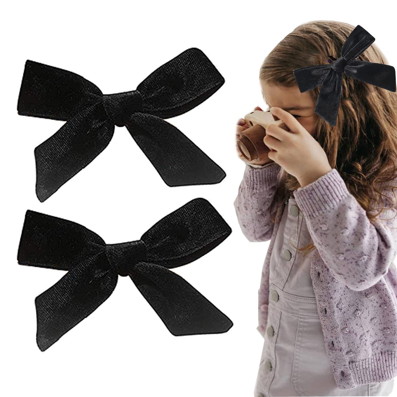 SALOCY Big Hair Bows 5 Inch Velvet Hair Bows Hair Clips for Baby Girls (Black-2)