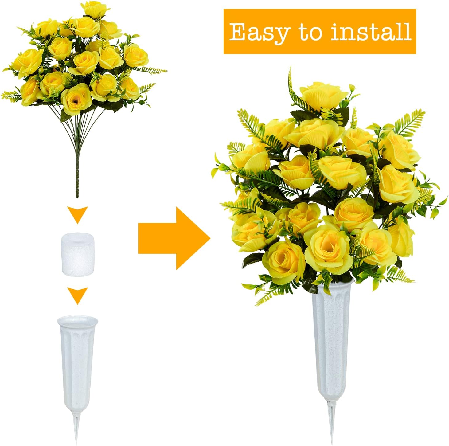 XONOR Artificial Cemetery Flowers with Vase, Set of 2 Artificial Rose Bouquet Graveyard Memorial Flowers for Cemetery Headstones Decoration (Yellow-2Pcs) - Image 4