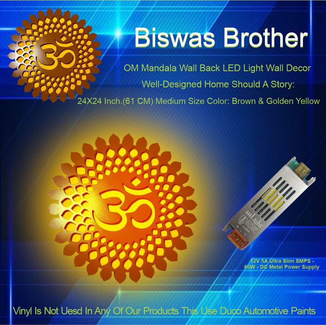Biswas Brother OM Mandala Wall Back lid LED Light Wall Decor A Well-Designed Home Should Tell a Story,Size(24 inch X 24 Inch ) Large Size(Brown) 1