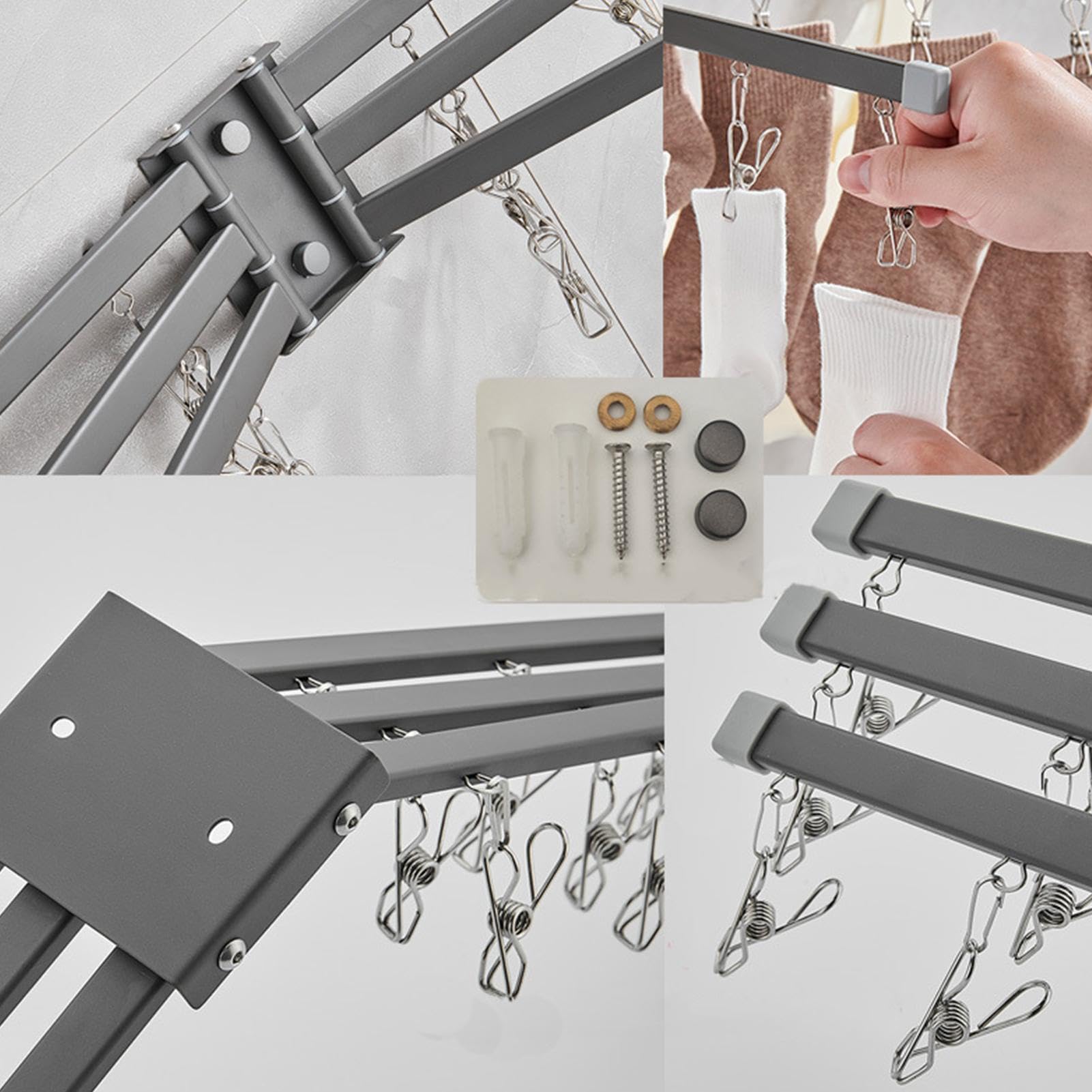 Appendicalze per asciugare – Stendibiancheria da parete in acciaio , , 43,2 cm, con molteplici clip, gancio antiruggine, gruccia antigoccia compatta per cappelli, reggiseni e viaggi