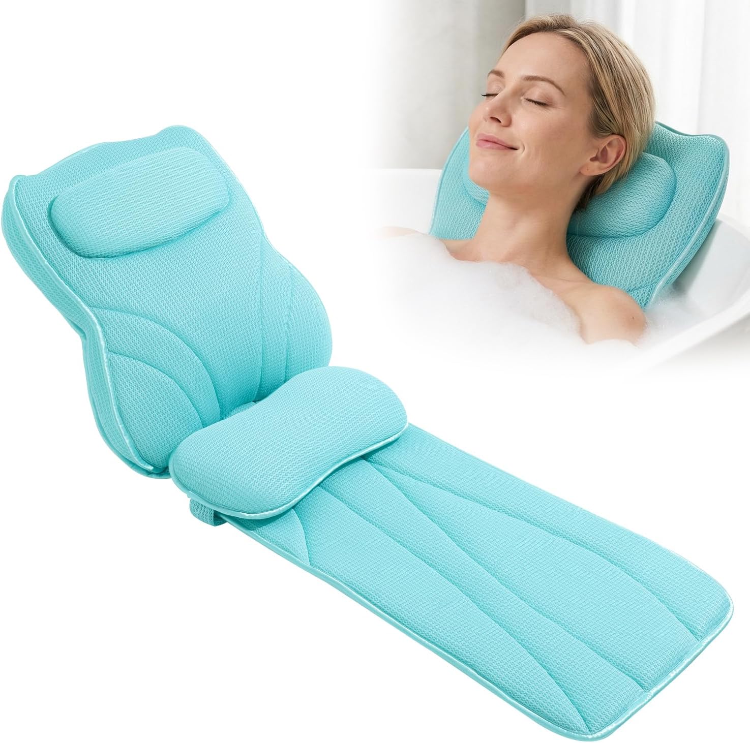Extra Long Thick Full Body Bath Pillow for Tub with Lumbar Pillow- Luxury 4D Air Mesh Bathtub Pillow with Head, Shoulder & Back Support, Non-Slip Bath Cushion with Suction Cups (Gray)