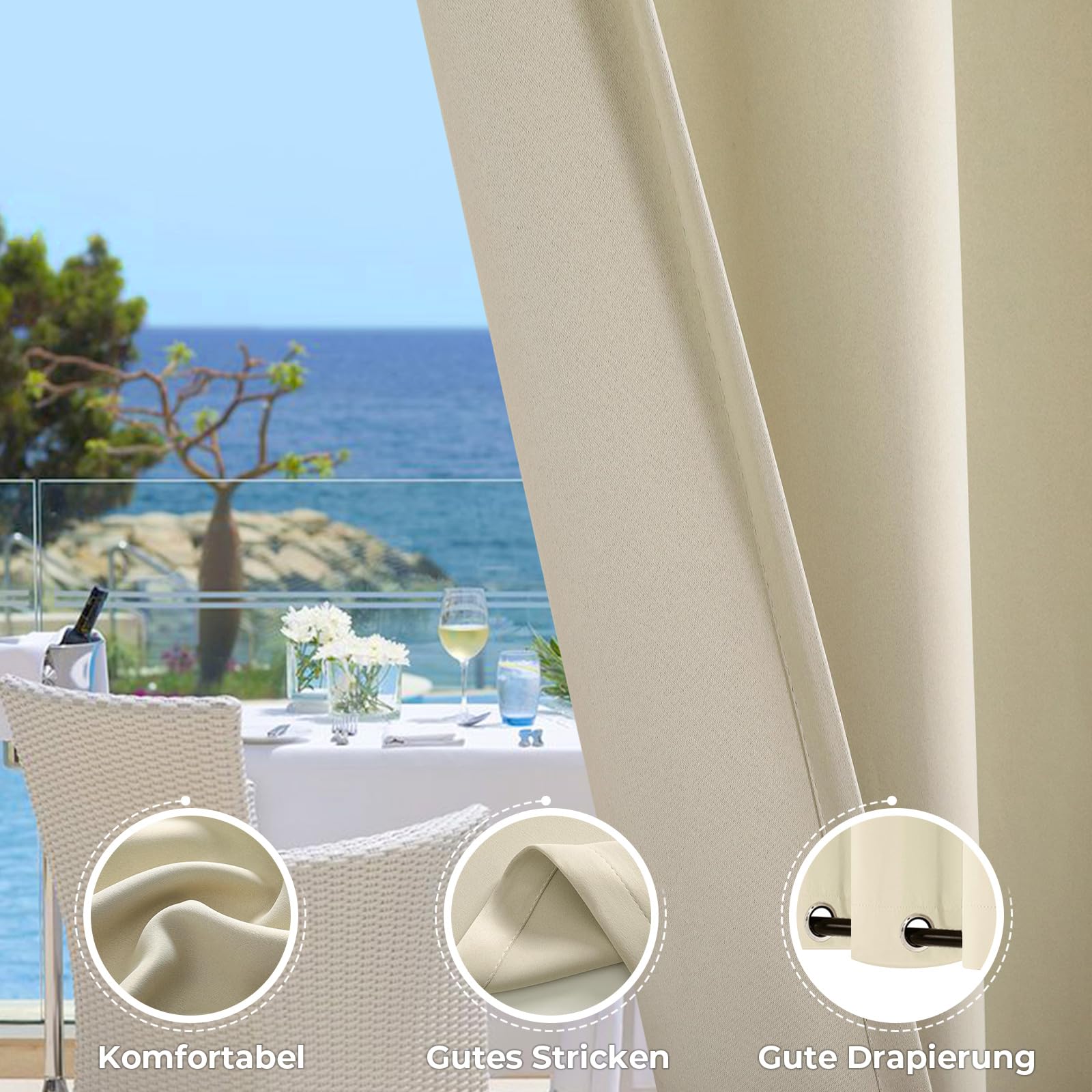 Vorhang Outdoor Wetterfest B254xH274CM, Wasserdicht Outdoorvorhänge mit Ösen, Aussen Gardinen Winddicht Sonnenschutz Sichtschutz für Garten Terrasse Balkon Pergola Pavillon (Beige)