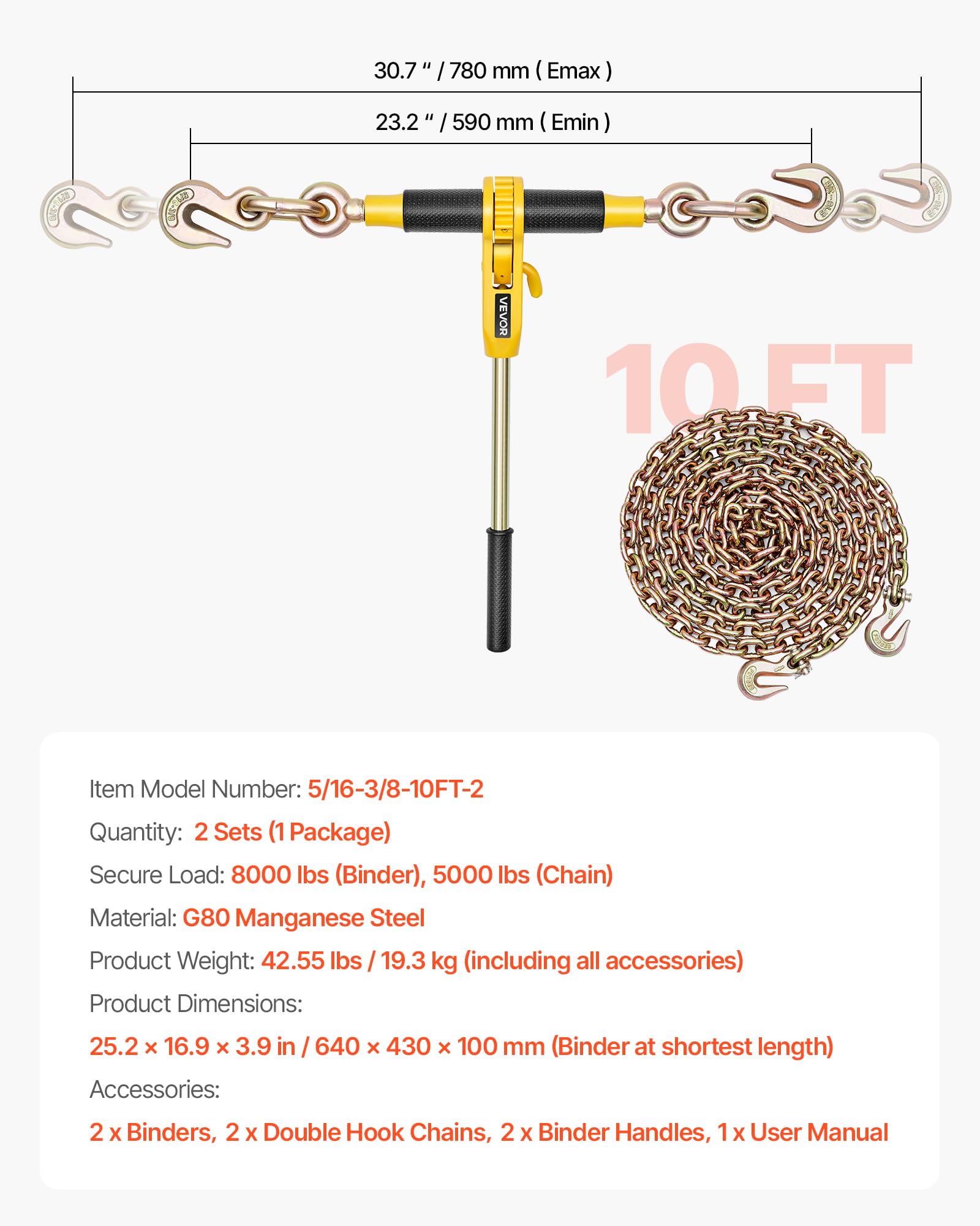 VEVOR Tensor de Trinquete con Cadenas G80 de 8 mm x 3 m, Kit de Cadenas y Tensores 2 Piezas Tensores de Cadena de Amarre Carga de Trabajo de 3629 kg para Transporte, Remolque, Rala y Elevación