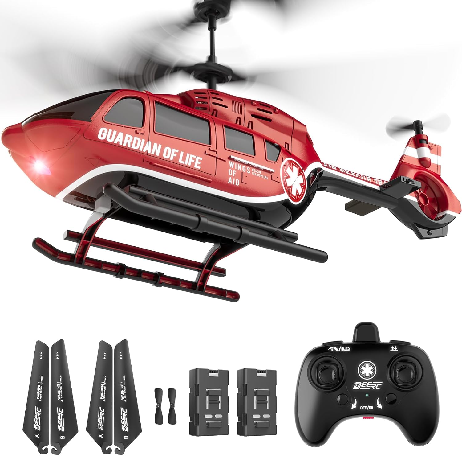 DEERC Remote Control Helicopter, Rescue RC Helicopter Toy with LED Lights, 2 Batteries, Altitude Hold & 2.4GHz Stable Control, Realistic Rescue Design, Ideal Gift for Kids and Adults