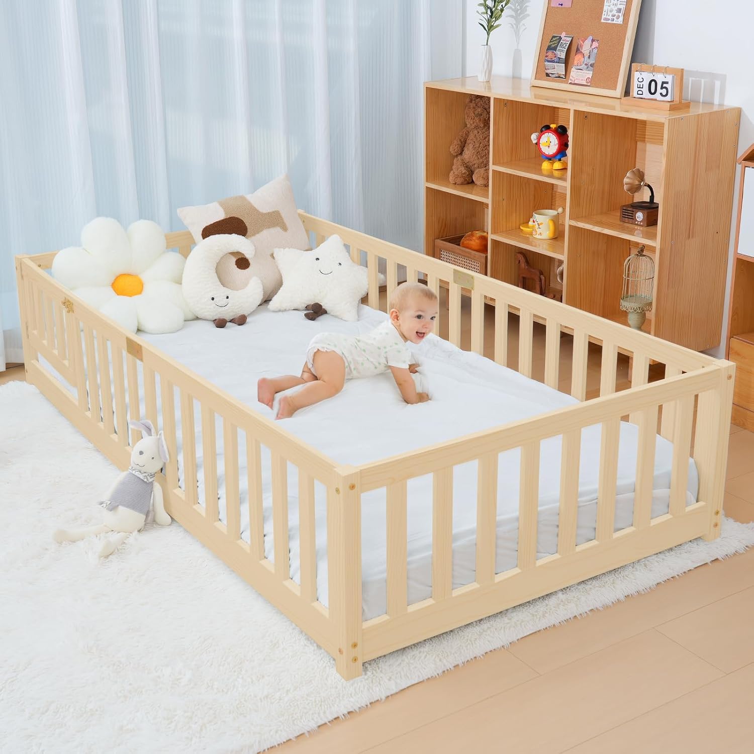 NAIZEA Twin Floor Bed for Kids-Twin Montessori Bed Frame with Wood Slats and Door and Slats, Wood Toddler Floor Beds for Girls and Boys, Natural