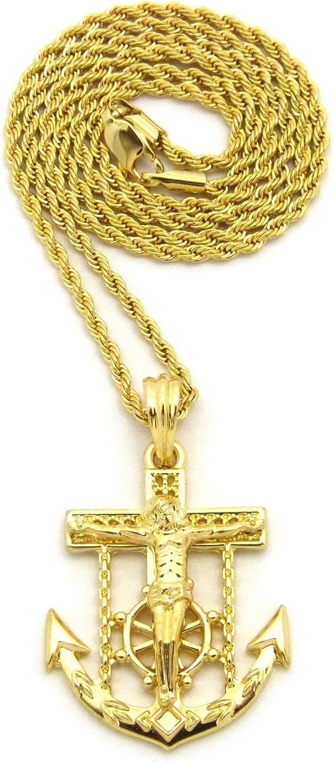 Shiny Jewelers USA - Colgante de cadena cubana de cuerda para hombre Jesús con ancla de cruz y cadera, 24.0in