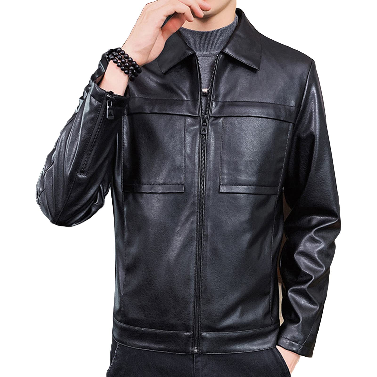 Maiyifu-GJ Men Lapel Faux Leather Motorcycle Jacket Vintage Zip Up Slim Fit Biker Coat Lightweight Classic PU Leather Jacket (Black,Large)