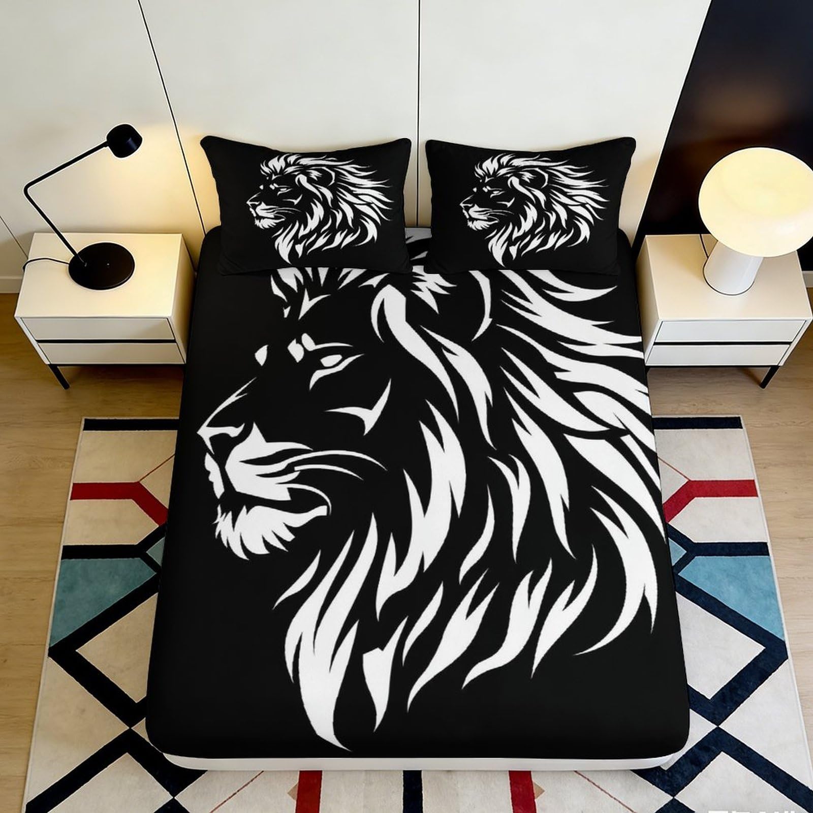 Jqzkxnhpbr Style-6 3D Printed Black Lion Fitted Sheet Microfiber Soft Bedroom Decor White Mane Bed Cover Mattress Protector 90X200x25cm