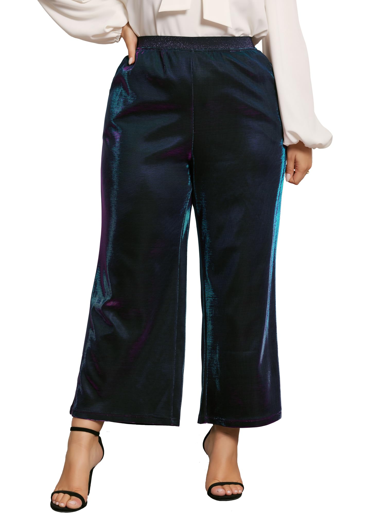 Agnes Orinda Plus Size Shiny Pant for Women Metallic Sparkly Elastic Waist Wide Leg Palazzo Pants