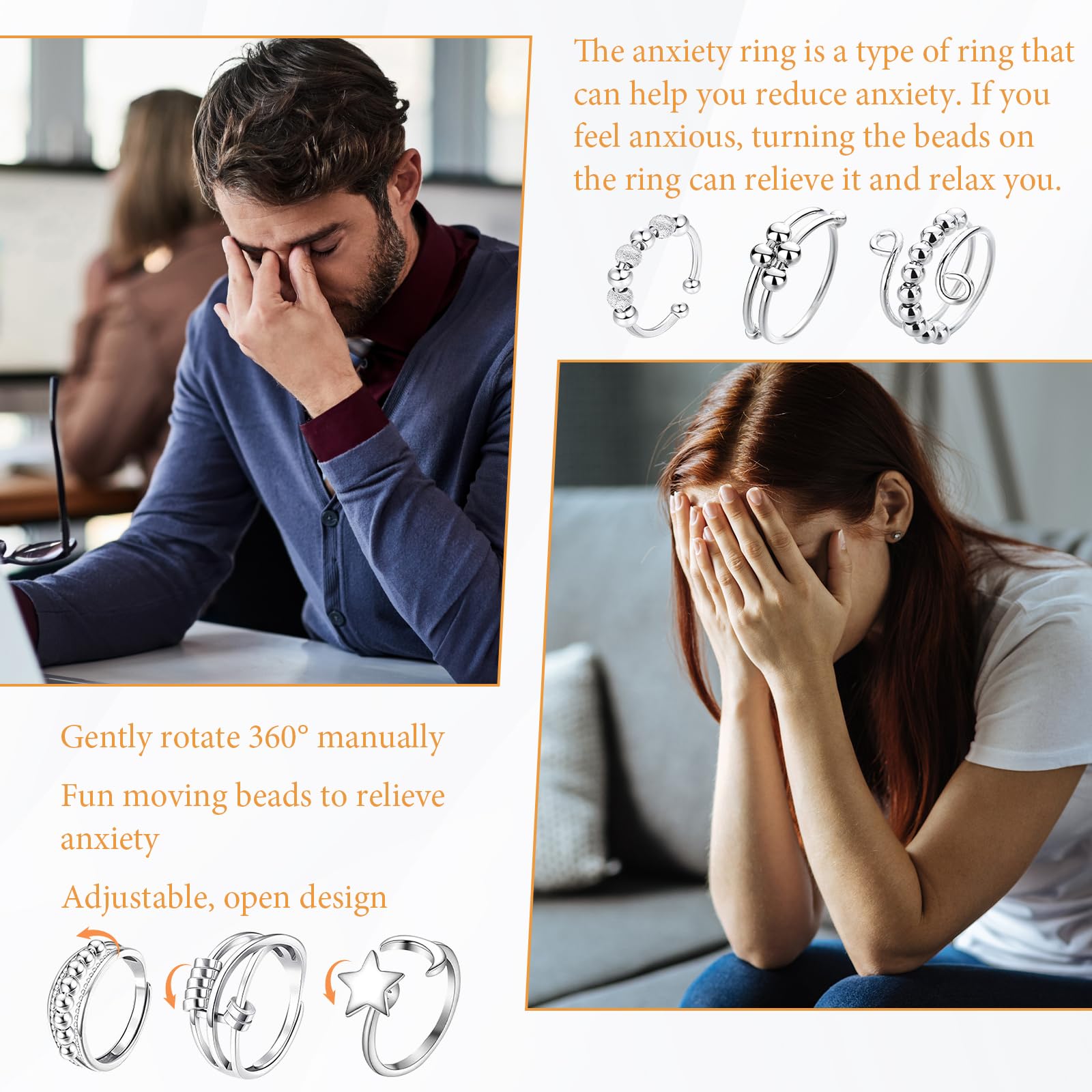 12 Pezzi Di Anello Antistress Donna Regolabili Anello Antistress Anxiety Ring Per Alleviare La Pressione Unisex Con Sacchetto Di Velluto Nero