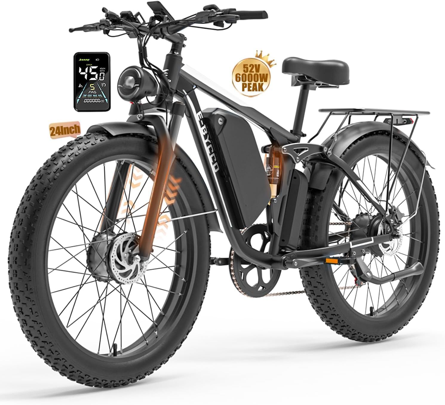 E·Bycco 6000W Peak Dual-Motor E-Bike — 52V 32Ah Battery, 45 mph / 100-mile Range