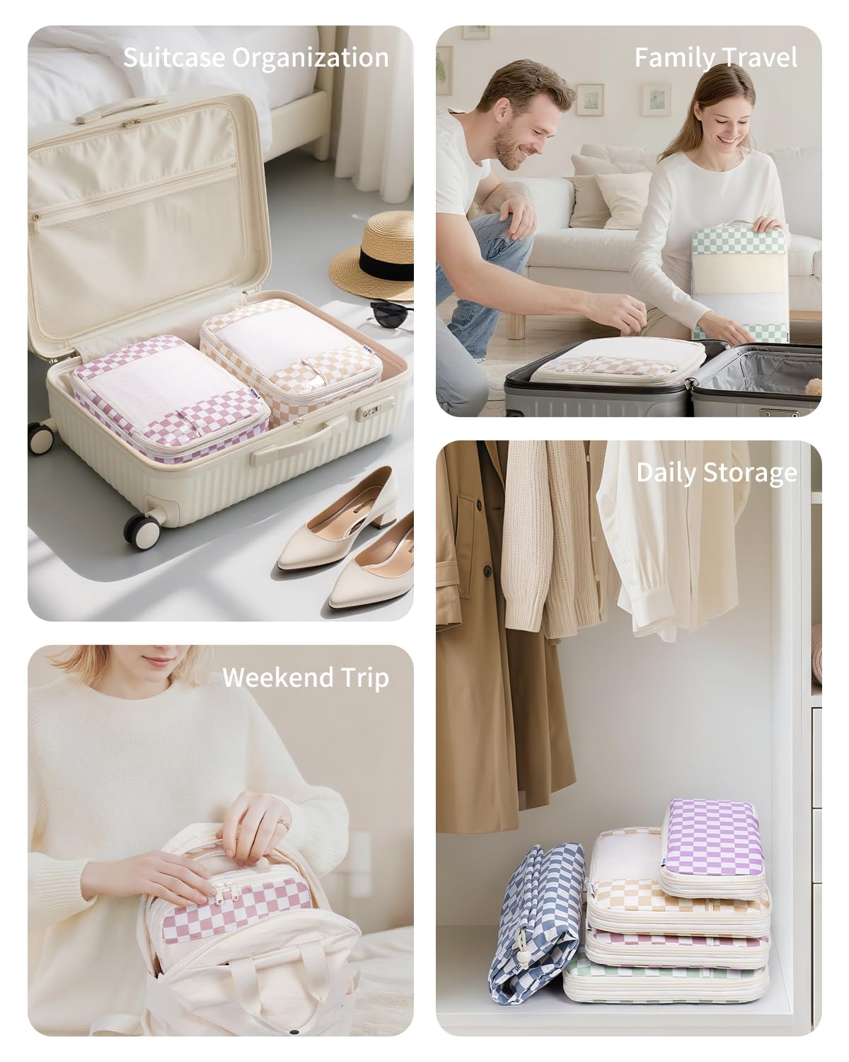 Narwey Organizer Valigia 5 Pezzi Packing Cubes Compression, Organizer Valigia Viaggio Compressione Salvaspazio, Organizer Viaggio Accessori Utili per Vestiti Scarpe Deposito (Scacchiera Verde Menta)