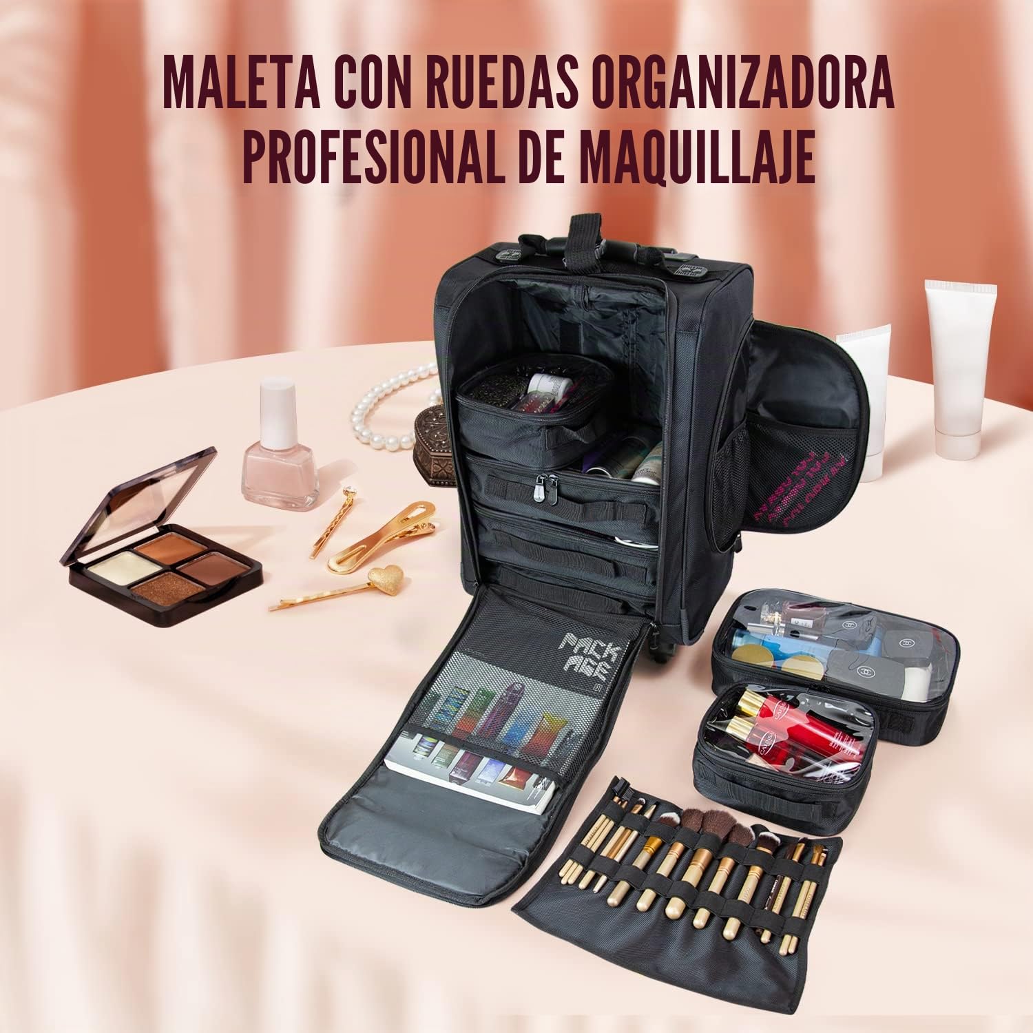 Organizador de Cosméticos Portable, Estuche de Maquillaje con Ruedas de Nylon Suave con Bolsos, Negro