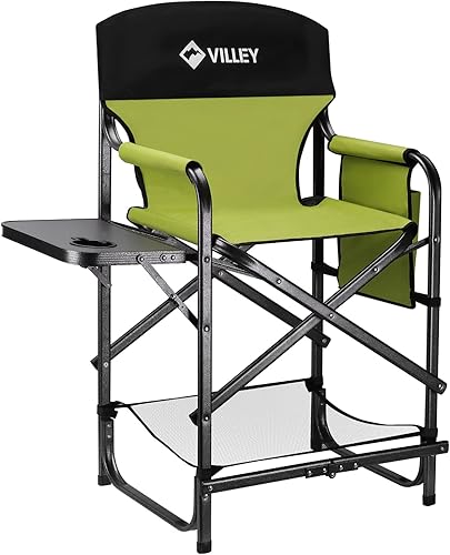 VILLEY Silla de director alta, sillas de camping plegables, silla de artista de maquillaje con reposapiés, tela 900D para campamento, césped,