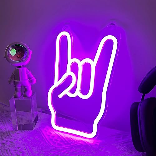 Miniatura 5 de Attivolife Luz de neón en forma de mano de rock, decoración de pared para jugadores, letreros de neón LED con regulable, alimentado por USB para