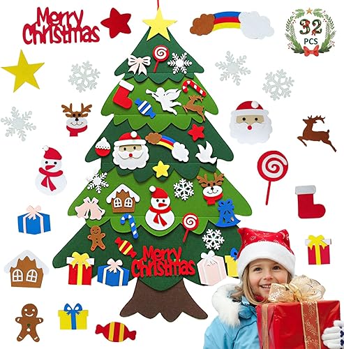 Árbol de Navidad de fieltro para pared de niños, 32 adornos de Navidad desmontables, decoración para colgar en la pared, manualidades de Navidad