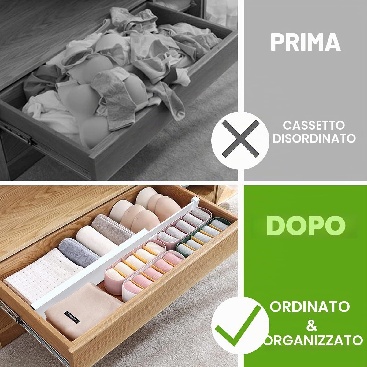 ANTOWIN Divisori per cassetti in bambù, separatori per cassetti, lunghezza 43,2-55,9 cm, organizer regolabile a molla per utensili grandi, vestiti, cassetti degli attrezzi, confezione da 6 divisori +