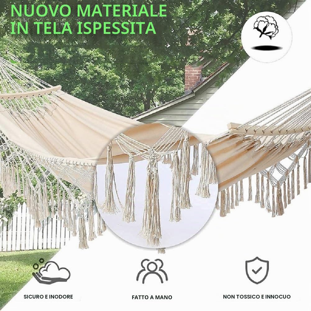 Amaca in Cotone Amaca Campeggio Amaca da Giardino 300X150cm Amaca Matrimoniale capacità 300Kg Portatili Amaca Sospesa Amaca per Casa Due Persone Cortile Portico Prato E Giardino, Bianco